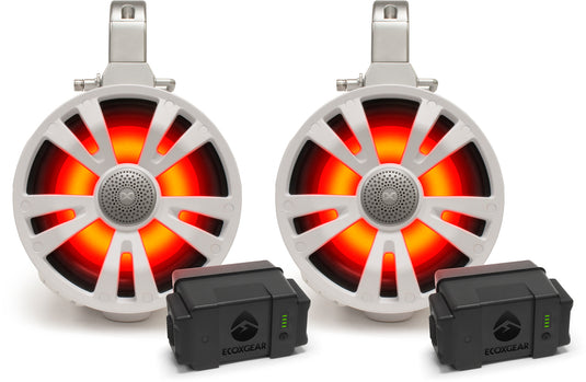 2-PACK WHITE 8' SPEAKERS TWO AMPLIFIED + TWO BATTERIES SEI-ETAMPBAT7708 image 1