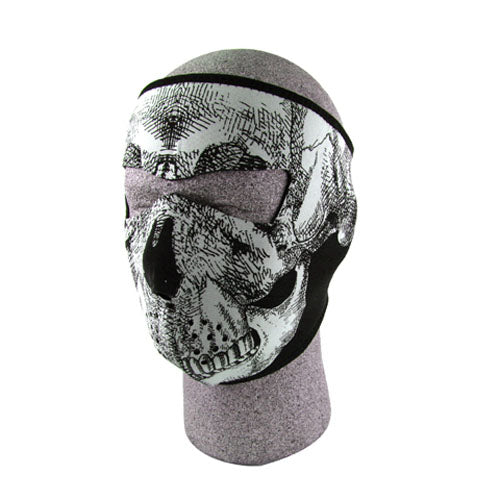 NEOPRENE FACE MASK, GLOW IN THE DARK, BLK & WHITE SKULL FACE