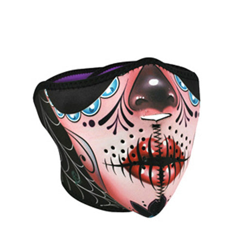HALF MASK, NEOPRENE, SUGAR SKULL REVERSIBLE TO PURPLE