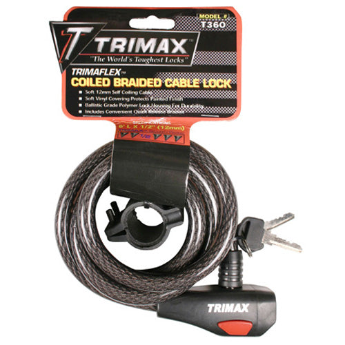 TRIMAX COILED BRAIDED CABLE LOCK - 6FT X 12MM