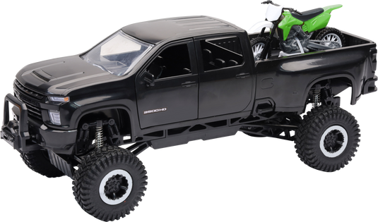 1:20 SCALE CHEVROLET 3500 HD OFFROAD PICKUP W/GRN DIRT BIKE SS-37596 image 1