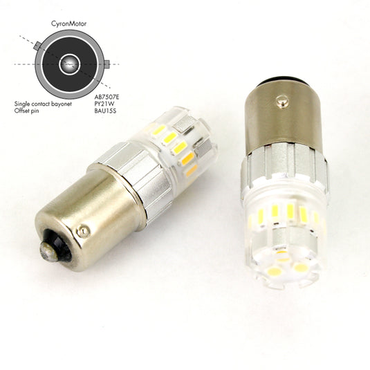 LED BAU15S PY21W AMBER PAIR SINGLE CONTACT OFFSET PIN AB7507E-A image 1