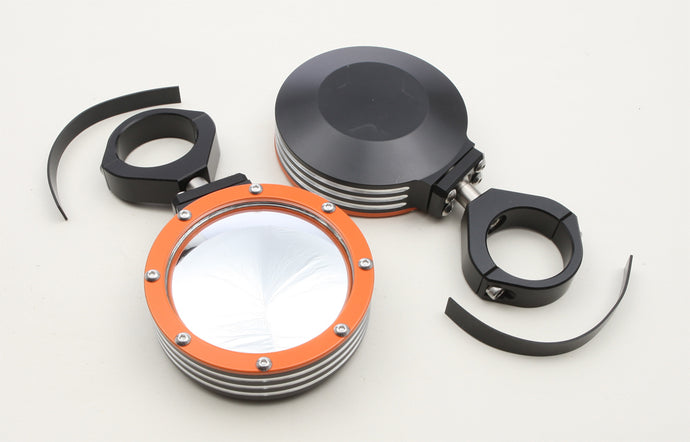 BILLET SIDE MIRRORS ROUND W/BEZEL ORANGE 1.75